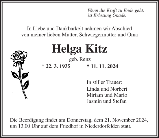 Traueranzeige von Helga Kitz von Bad Vilbel/Karben