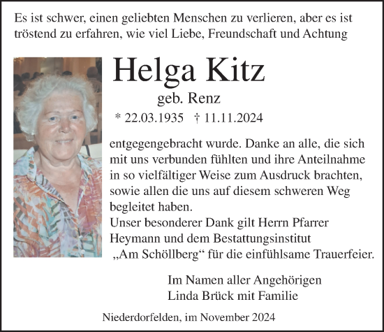 Traueranzeige von Helga Kitz von Bad Vilbel/Karben