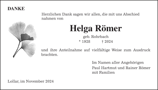 Traueranzeige von Helga Römer von Giessener Allgemeine, Alsfelder Allgemeine, Giessener Anzeiger