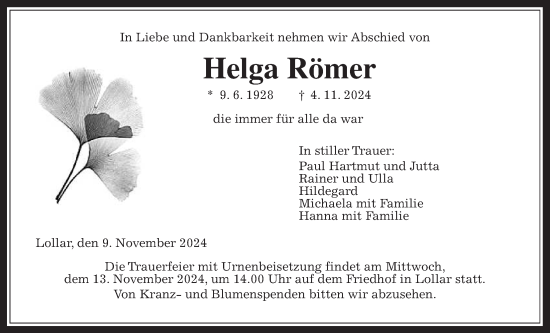 Traueranzeige von Helga Römer von Giessener Anzeiger, Giessener Allgemeine, Alsfelder Allgemeine