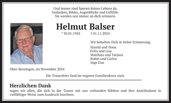 Traueranzeige von Helmut Balser von Giessener Allgemeine, Alsfelder Allgemeine