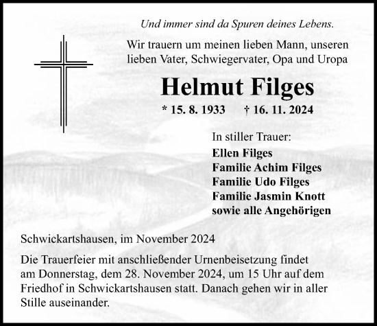 Traueranzeige von Helmut Filges von Kreis-Anzeiger