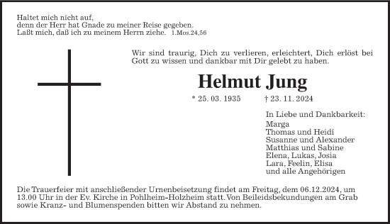 Traueranzeige von Helmut Jung von Giessener Anzeiger