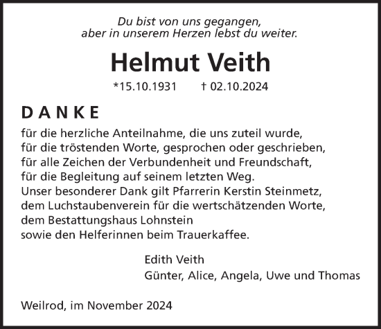 Traueranzeige von Helmut Veith von Usinger Anzeigenblatt, Usinger Anzeiger