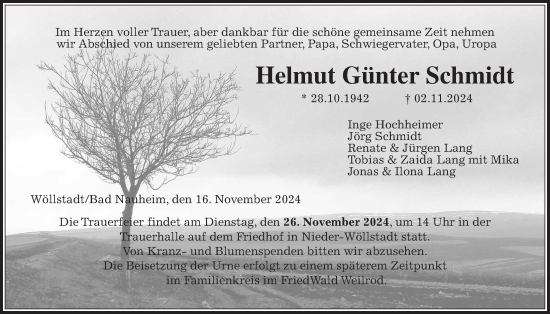 Traueranzeige von Helmut Günter Schmidt von Wetterauer Zeitung