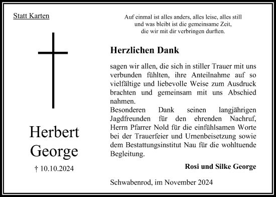 Traueranzeige von Herbert George von Oberhessische Zeitung