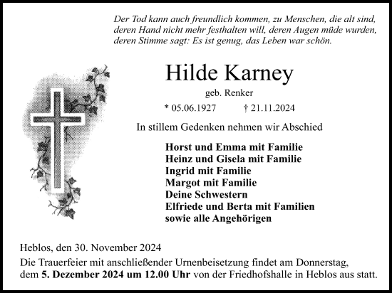 Traueranzeige von Hilde Karney von Lauterbacher Anzeiger