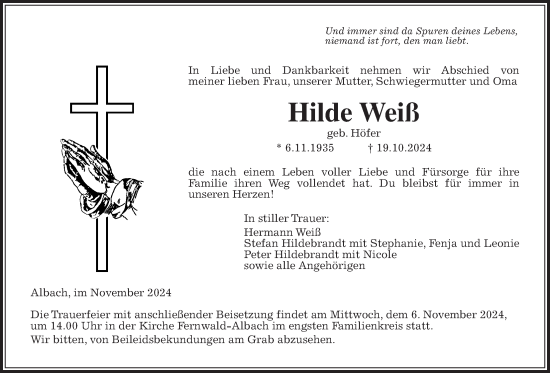Traueranzeige von Hilde Weiß von Giessener Anzeiger, Giessener Allgemeine, Alsfelder Allgemeine