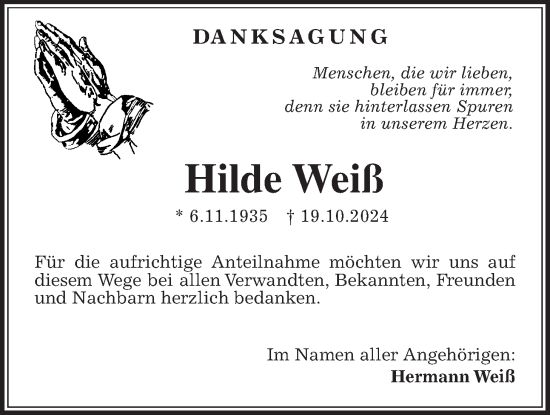 Traueranzeige von Hilde Weiß von Giessener Allgemeine, Alsfelder Allgemeine, Giessener Anzeiger