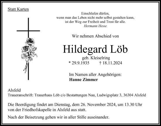 Traueranzeige von Hildegard Löb von Oberhessische Zeitung