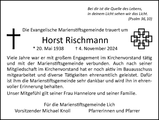 Traueranzeige von Horst Rischmann von Licher Wochenblatt