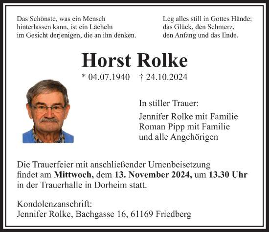 Traueranzeige von Horst Rolke von Wetterauer Zeitung