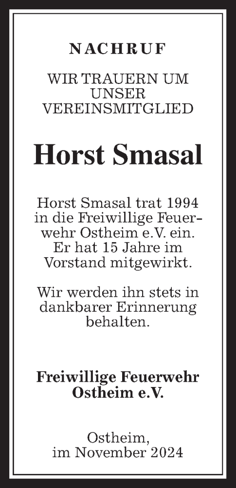 Traueranzeige von Horst Smasal von Butzbacher Zeitung