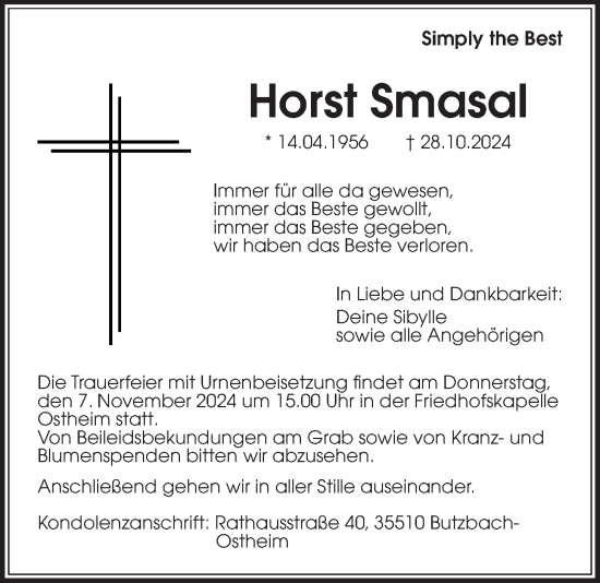 Traueranzeige von Horst Smasal von Butzbacher Zeitung