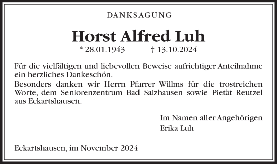 Traueranzeige von Horst Alfred Luh 