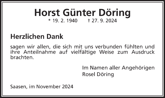 Traueranzeige von Horst Günter Döring von Giessener Anzeiger, Giessener Allgemeine, Alsfelder Allgemeine