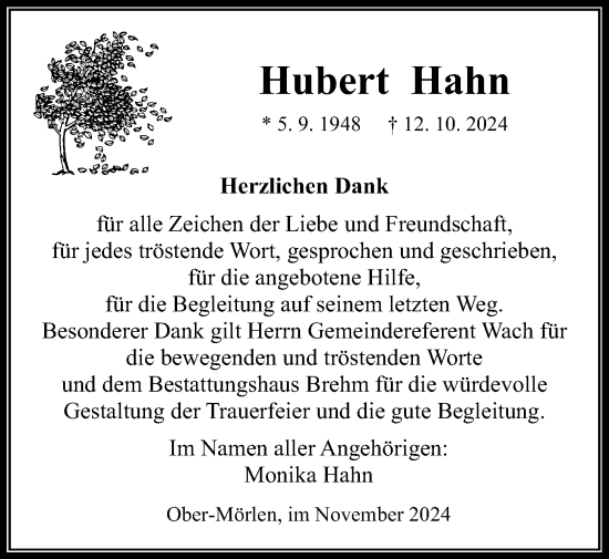 Traueranzeige von Hubert Hahn von Wetterauer Zeitung