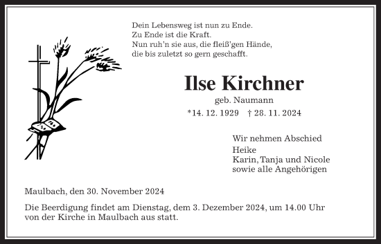 Traueranzeige von Ilse Kirchner von Oberhessische Zeitung