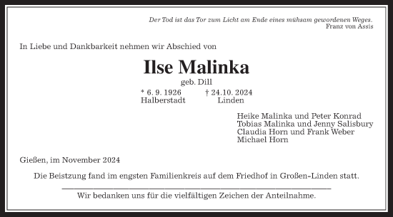 Traueranzeige von Ilse Malinka von Giessener Anzeiger, Giessener Allgemeine, Alsfelder Allgemeine