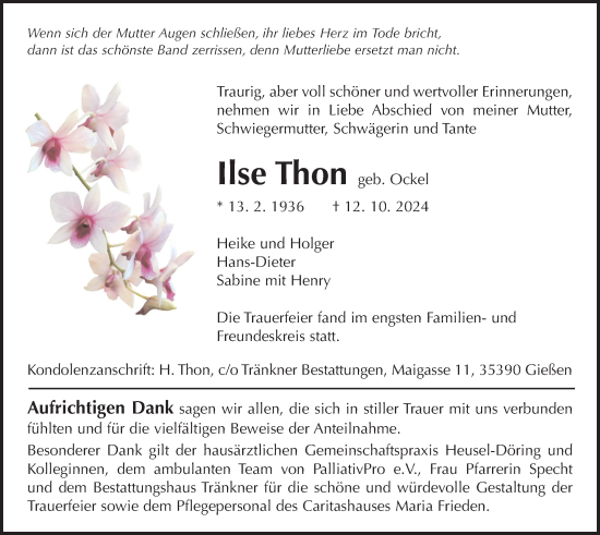 Traueranzeige von Ilse Thon von Giessener Anzeiger, Giessener Allgemeine, Alsfelder Allgemeine