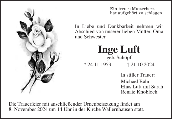 Traueranzeige von Inge Luft von Kreis-Anzeiger