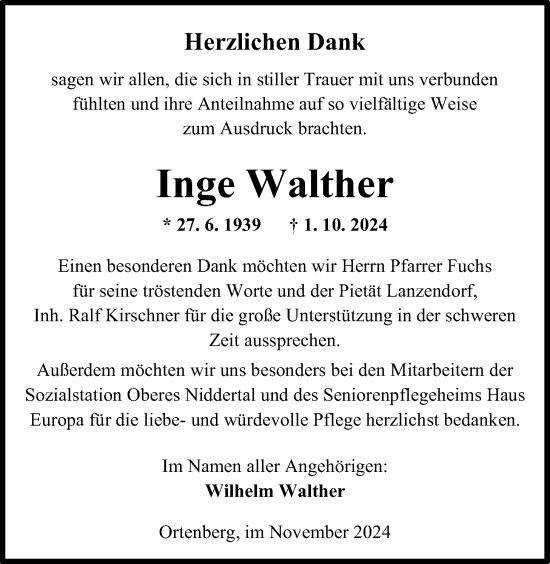 Traueranzeige von Inge Walther von Kreis-Anzeiger