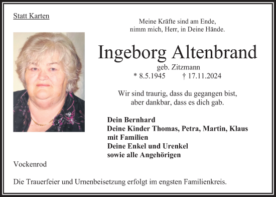 Traueranzeige von Ingeborg Altenbrand von Oberhessische Zeitung