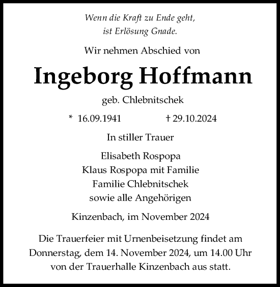 Traueranzeige von Ingeborg Hoffmann von Giessener Anzeiger