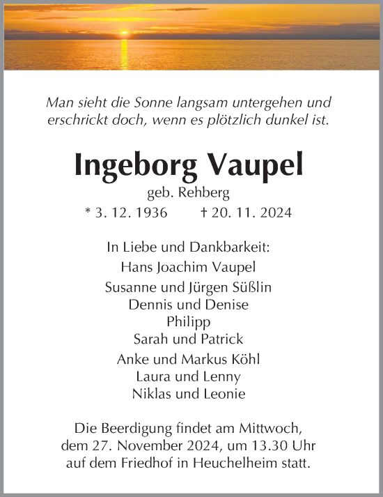 Traueranzeige von Ingeborg Vaupel von Giessener Allgemeine, Alsfelder Allgemeine, Giessener Anzeiger