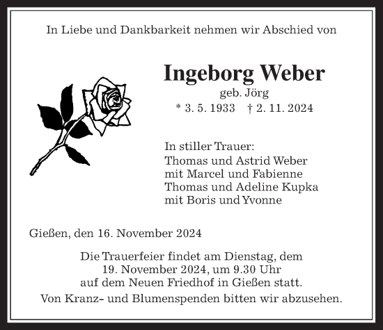 Traueranzeige von Ingeborg Weber von Giessener Allgemeine, Alsfelder Allgemeine