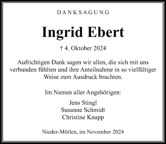 Traueranzeige von Ingrid Ebert von Wetterauer Zeitung