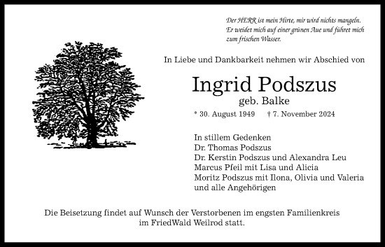 Traueranzeige von Ingrid Podszus von Wetterauer Zeitung