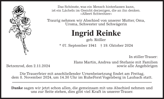 Traueranzeige von Ingrid Reinke von Kreis-Anzeiger
