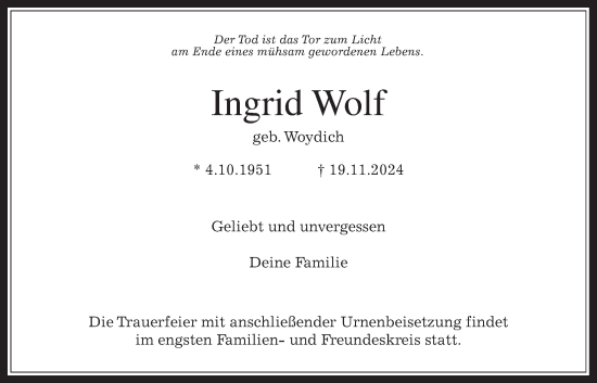 Traueranzeige von Ingrid Wolf von Bad Vilbel/Karben