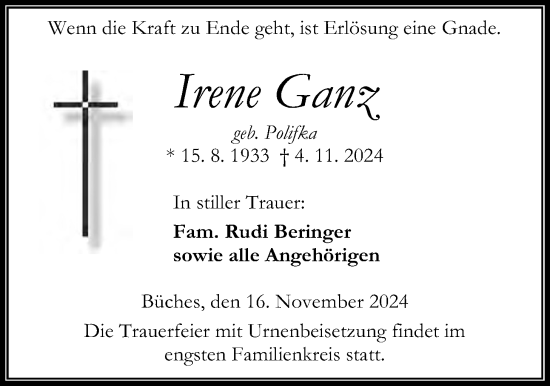 Traueranzeige von Irene Ganz von Kreis-Anzeiger