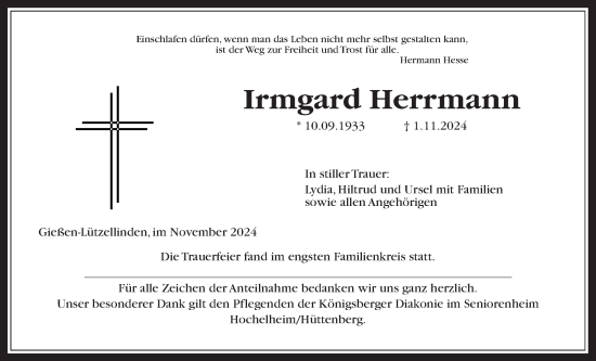 Traueranzeige von Irmgard Herrmann von Giessener Allgemeine, Alsfelder Allgemeine, Giessener Anzeiger