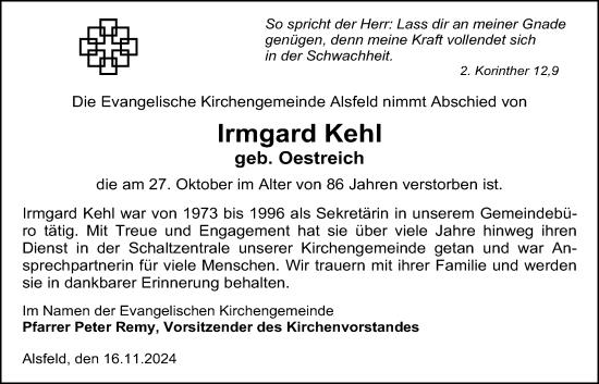 Traueranzeige von Irmgard Kehl von Oberhessische Zeitung