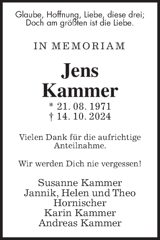 Traueranzeige von Jens Kammer von Giessener Anzeiger, Giessener Allgemeine, Alsfelder Allgemeine