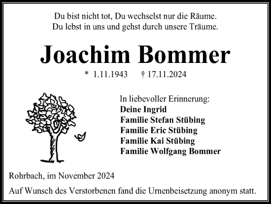 Traueranzeige von Joachim Bommer von Kreis-Anzeiger