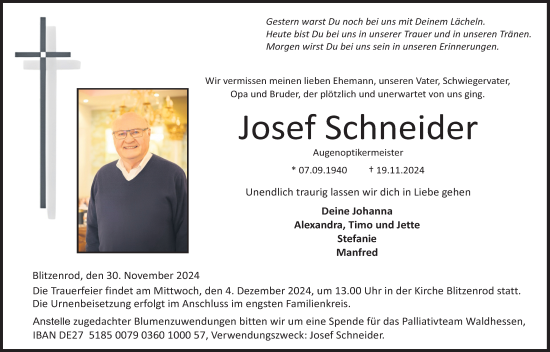 Traueranzeige von Josef Schneider von Lauterbacher Anzeiger