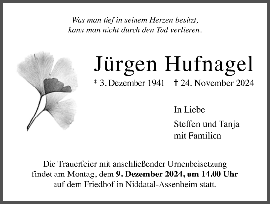 Traueranzeige von Jürgen Hufnagel von Wetterauer Zeitung