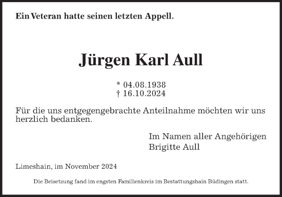 Traueranzeige von Jürgen Karl Aull von Kreis-Anzeiger