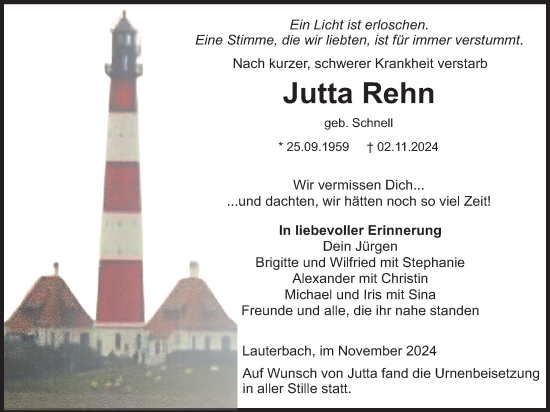 Traueranzeige von Jutta Rehn von Lauterbacher Anzeiger