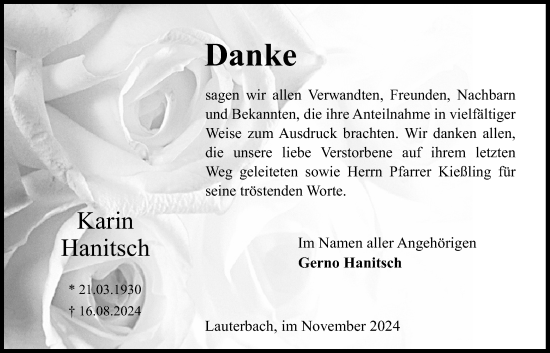Traueranzeige von Karin Hanitsch von Lauterbacher Anzeiger, 