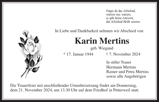 Traueranzeige von Karin Mertins von Bad Vilbel/Karben, Wetterauer Zeitung