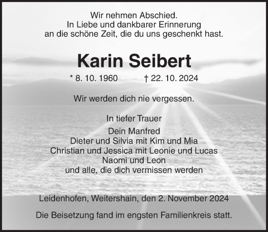 Traueranzeige von Karin Seibert von Giessener Allgemeine, Alsfelder Allgemeine