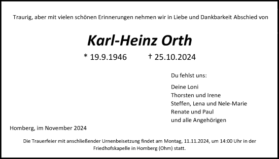 Traueranzeige von Karl-Heinz Orth von Alsfelder Allgemeine, Oberhessische Zeitung