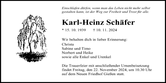 Traueranzeige von Karl-Heinz Schäfer von Giessener Anzeiger, Giessener Allgemeine, Alsfelder Allgemeine