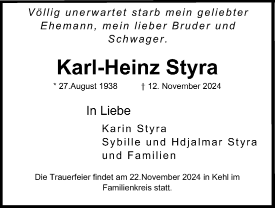 Traueranzeige von Karl-Heinz Styra von Lauterbacher Anzeiger