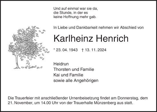 Traueranzeige von Karlheinz Henrich von Butzbacher Zeitung